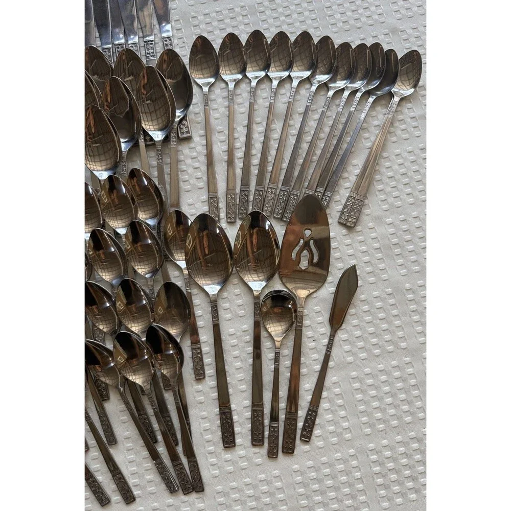 104 Pc Customcraft Taiwan Stainless Flatware Silverware Lot MCM Floral Scroll